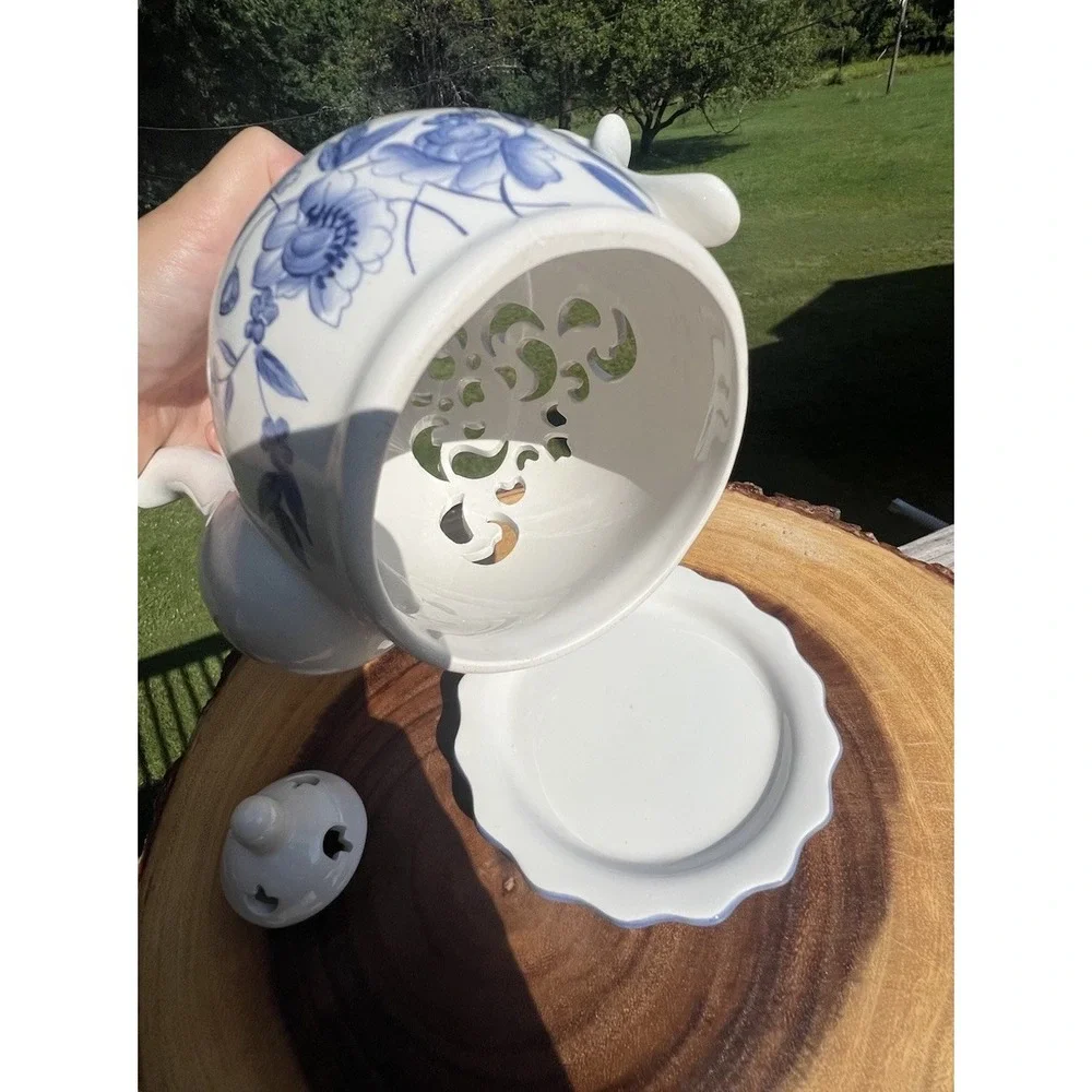 Blue White Porcelain Coffee Pot Tealight Fairy Light Lantern Pierced Floral